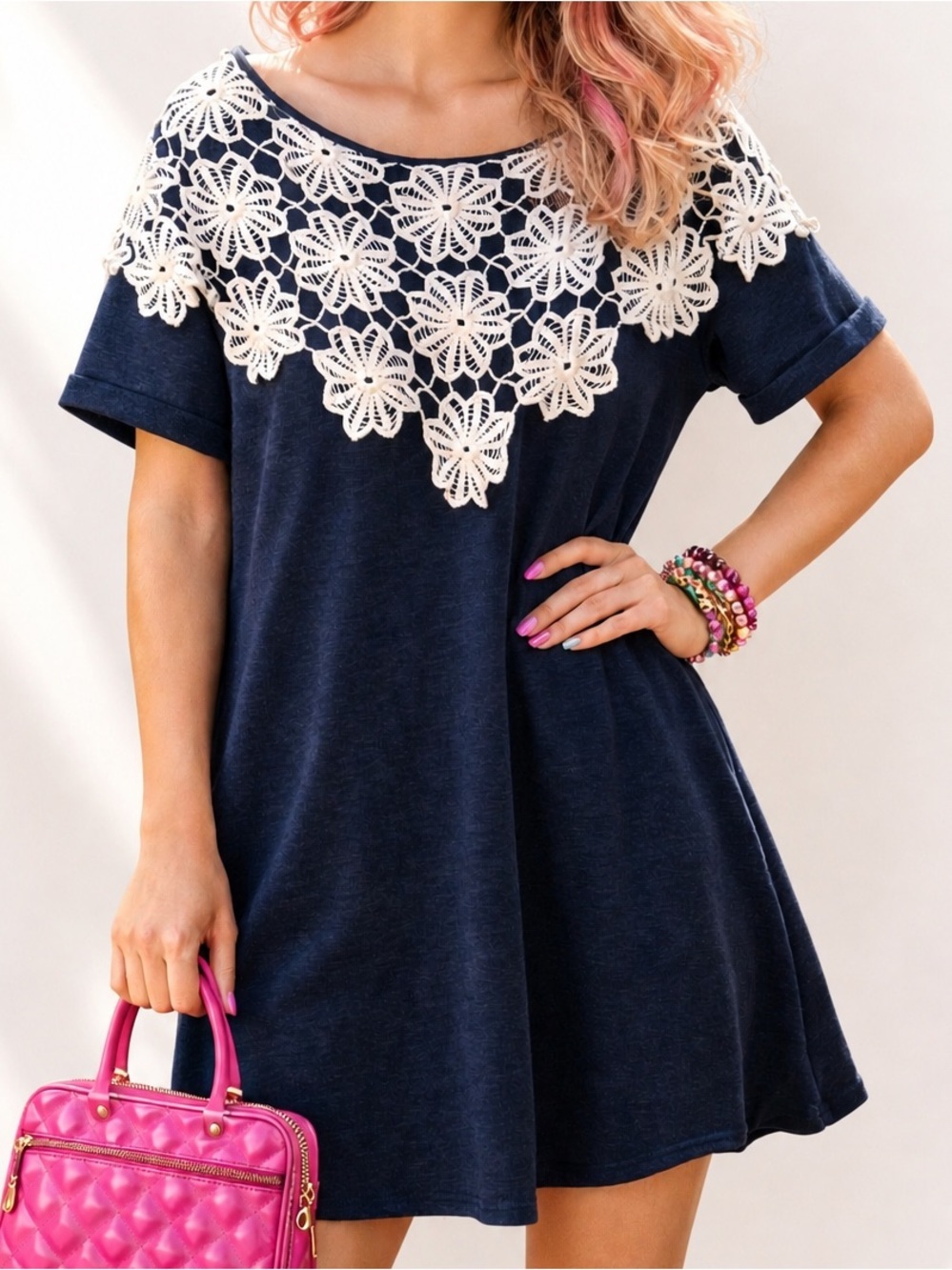 Navy Blue Dress Short Sleeve Crochet White  Accent  M